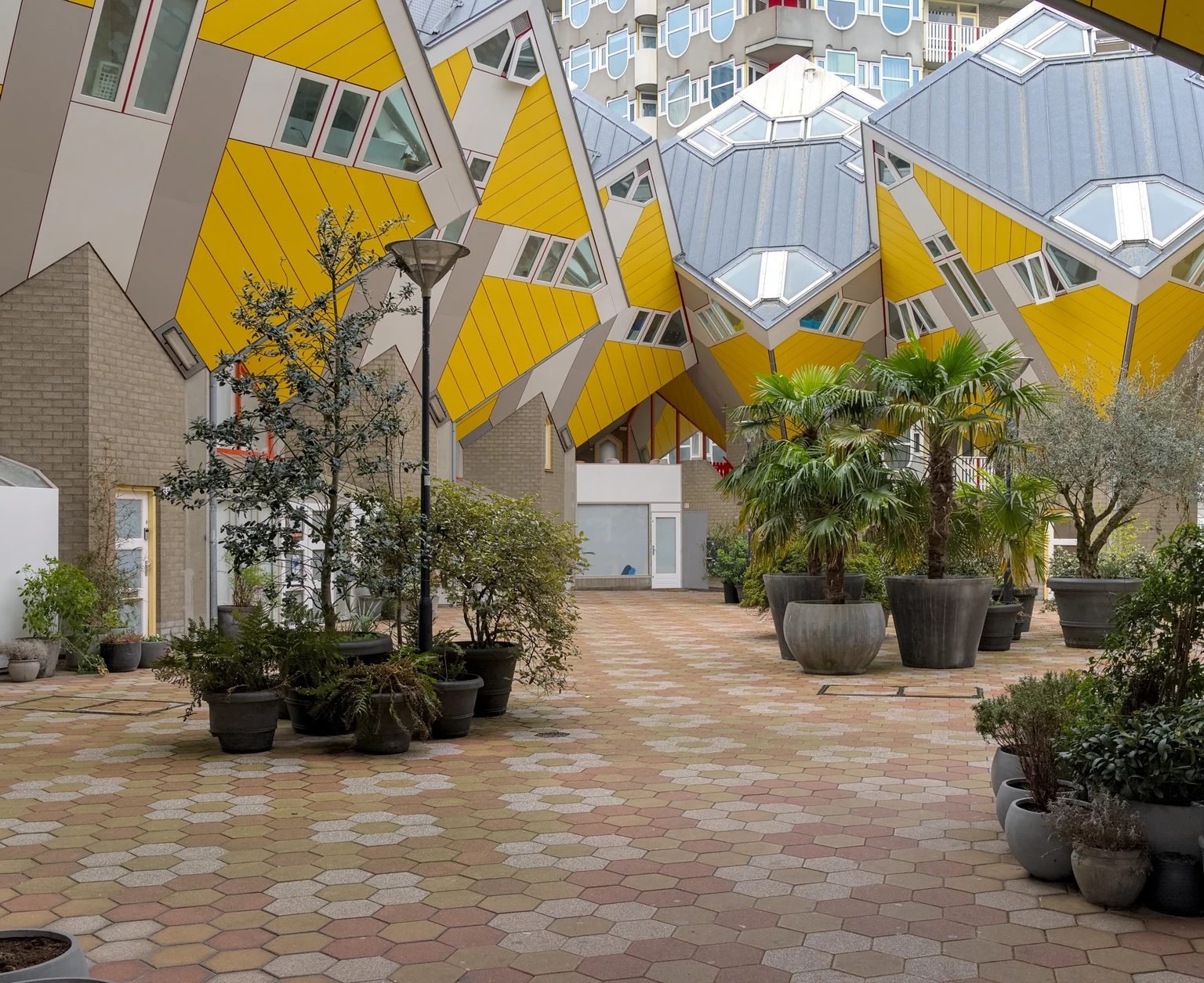 Piet Blom's tilted yellow Cube Houses (Kubuswoningen) seen from the Blaakbos courtyard in Rotterdam