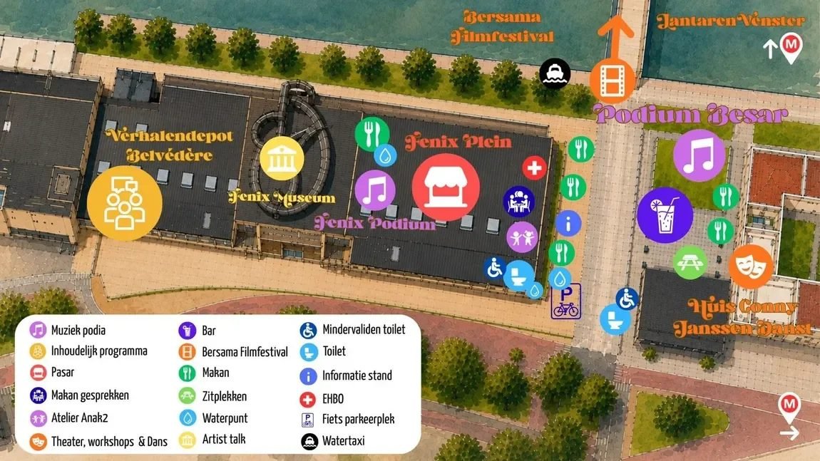 Floating Pasar 2026 site map: Fenix Plein market and food stalls, Fenix Podium, Podium Besar music stage, Verhalendepot Belvedere, Bersama Filmfestival screen and LantarenVenster on the Katendrecht docks, with toilets, an accessible toilet, first aid, an information stand, bike parking and a water taxi stop marked