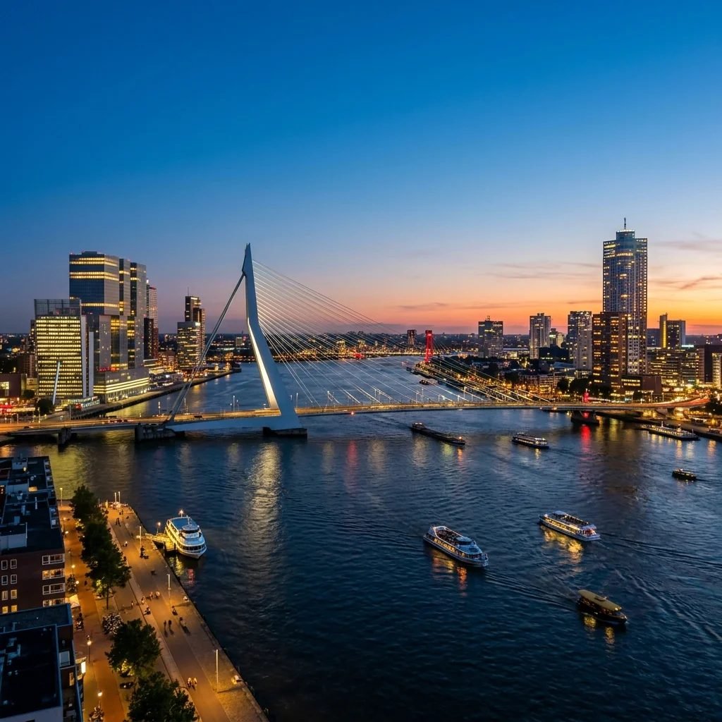 The modern skyline of Rotterdam's business district and Erasmus Bridge at dusk