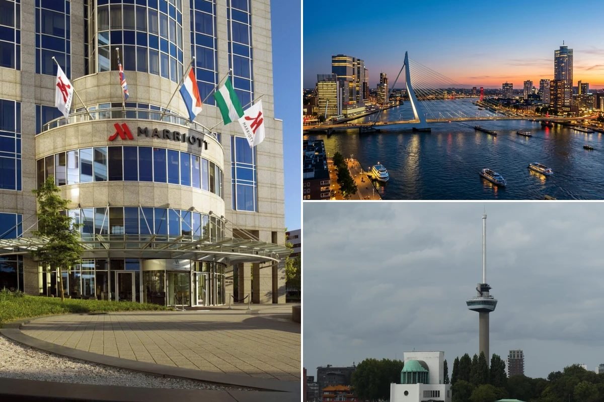 Hotels in Rotterdam collage featuring Hotel New York Wilhelminapier, luxury suites, and riverfront accommodations