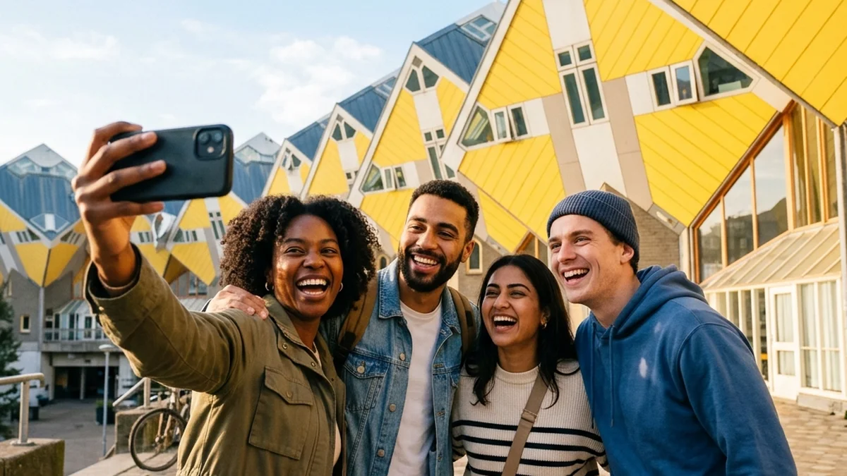 AI-generated illustration of visitors taking a selfie in front of Rotterdam's Cube Houses