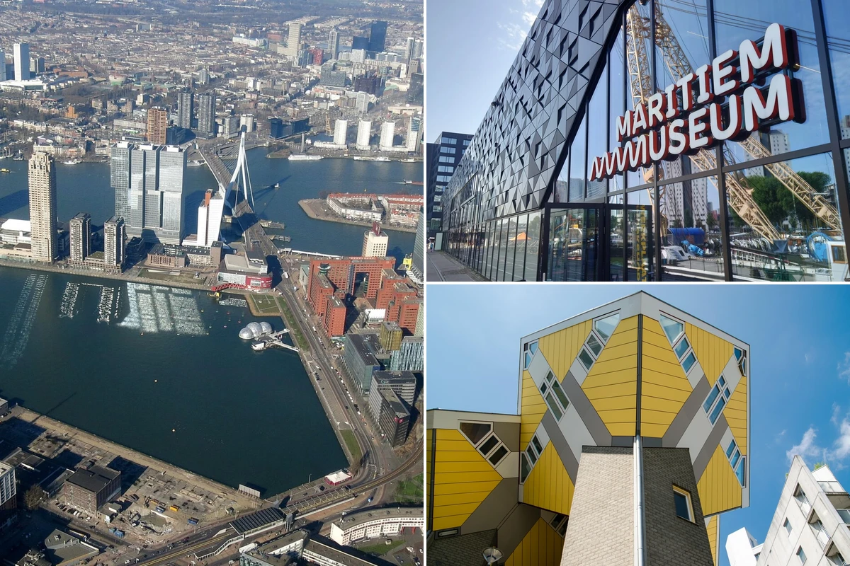 Restaurants and dining in Rotterdam collage featuring Markthal food market hall, gourmet dining, and waterfront terraces