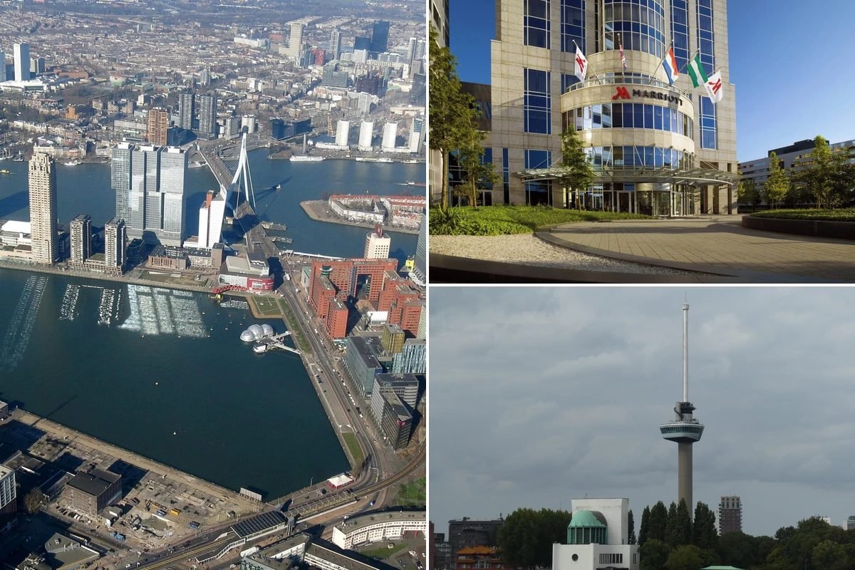 Rotterdam shopping streets and retail malls collage featuring Meent boutique shops, Lijnbaan pedestrian promenade, and Koopgoot