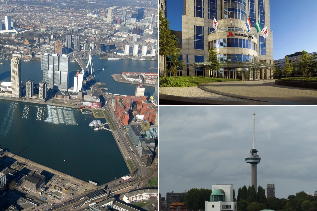 Rotterdam shopping streets and retail malls collage featuring Meent boutique shops, Lijnbaan pedestrian promenade, and Koopgoot