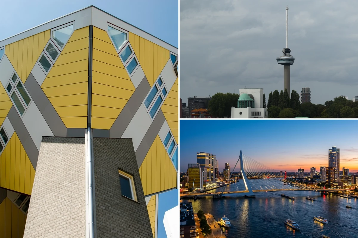 Rotterdam attractions and top things to do collage featuring Cube Houses, Euromast, and iconic city landmarks